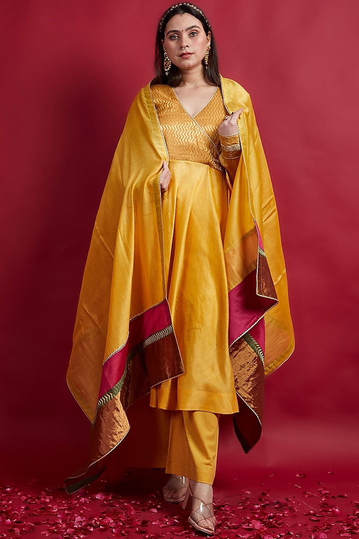 Turmeric Yellow Chanderi Handloom Anarkali Set by Vinusto