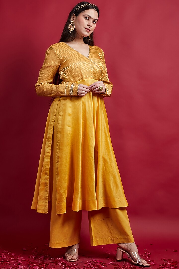 Turmeric Yellow Chanderi Handloom Party Wear Anarkali Set by Vinusto at Pernia's Pop Up Shop