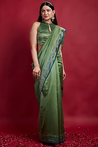 Olive Green Chanderi Handloom Saree Set by Vinusto