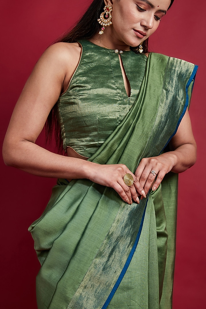 Olive Green Chanderi Handloom Festive Saree Set by Vinusto at Pernia's Pop Up Shop