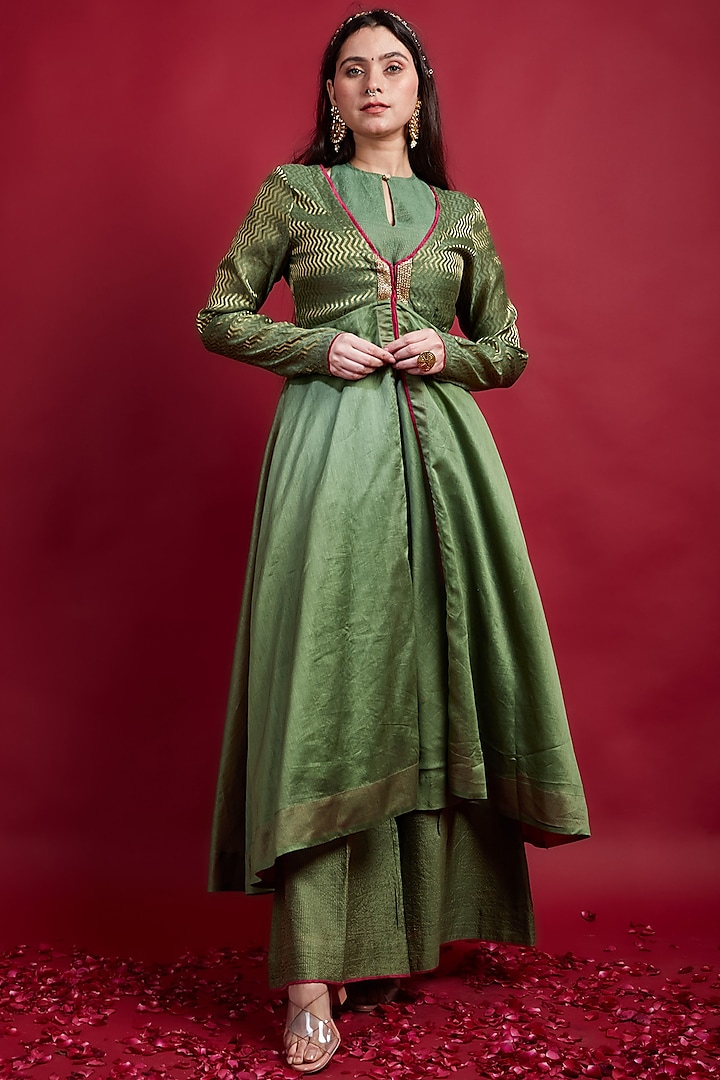 Olive Green Chanderi Handloom Anarkali Set by Vinusto