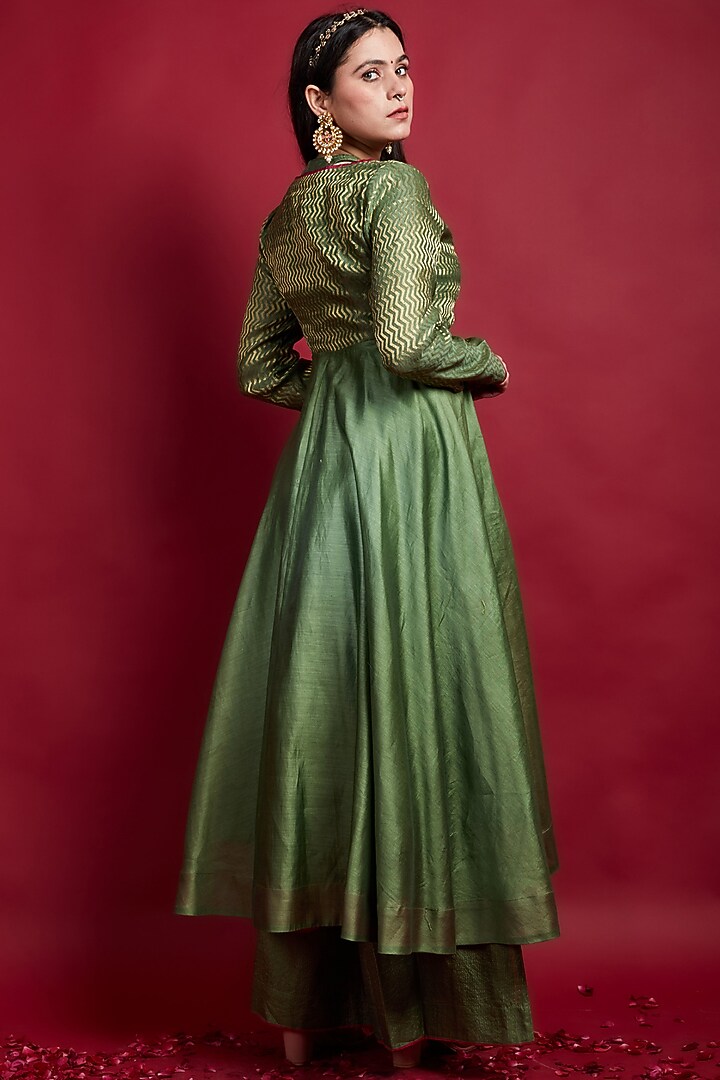 Olive Green Chanderi Handloom Party Wear Anarkali Set by Vinusto at Pernia's Pop Up Shop