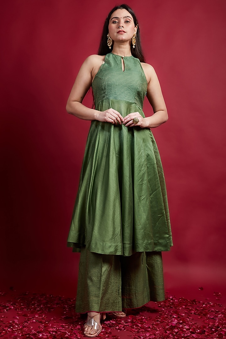Olive Green Chanderi Handloom Party Wear Anarkali Set by Vinusto at Pernia's Pop Up Shop