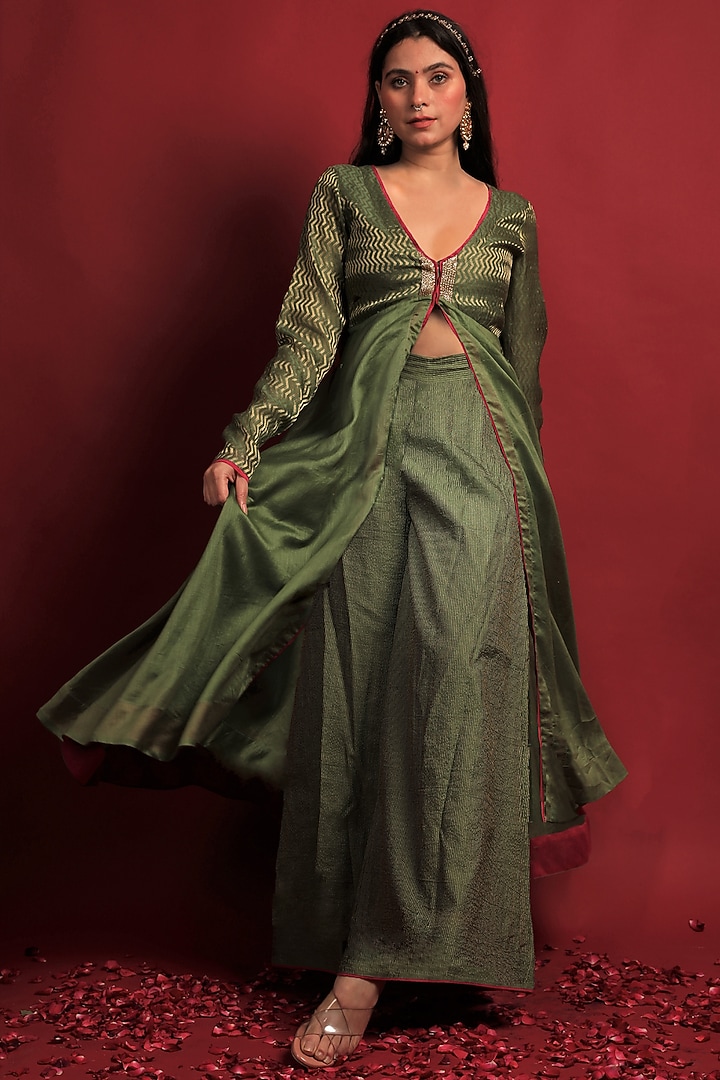 Olive Green Chanderi Handloom Party Wear Anarkali Set by Vinusto at Pernia's Pop Up Shop