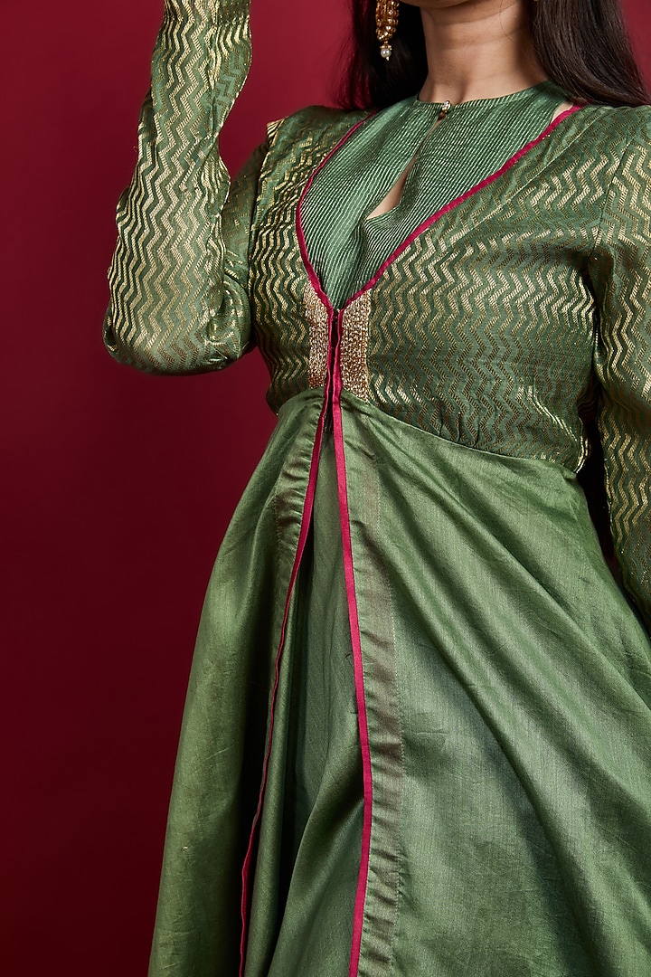 Olive Green Chanderi Handloom Party Wear Anarkali Set by Vinusto at Pernia's Pop Up Shop
