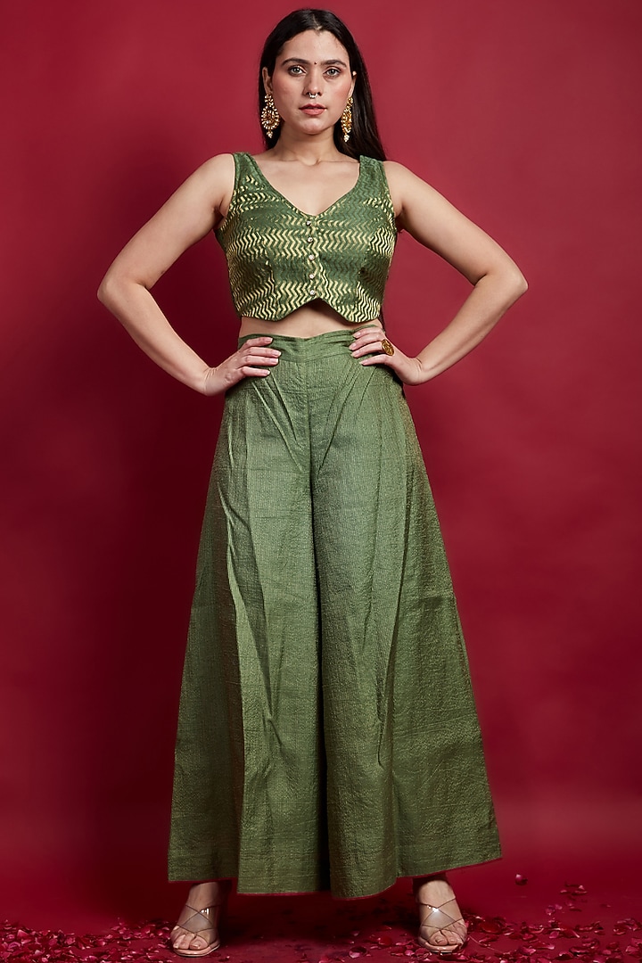 Olive Green Chanderi Handloom Pant Set by Vinusto at Pernia's Pop Up Shop