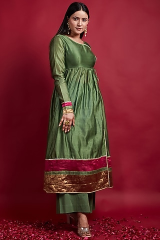 Olive Green Chanderi Handloom Anarkali Set by Vinusto