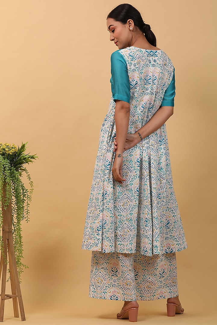 White & Aqua Blue Cotton Hand Block Printed Kurta Set by Vinusto at Pernia's Pop Up Shop