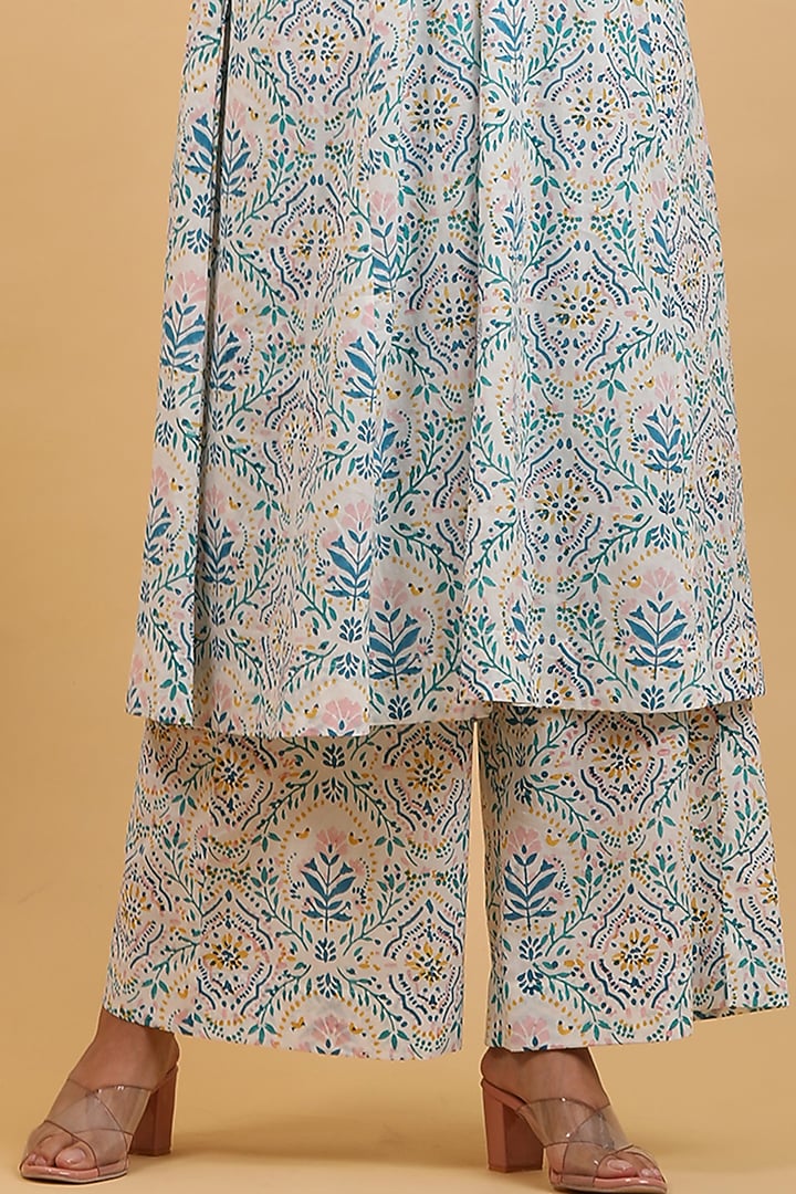 White & Aqua Blue Cotton Hand Block Printed Kurta Set by Vinusto at Pernia's Pop Up Shop
