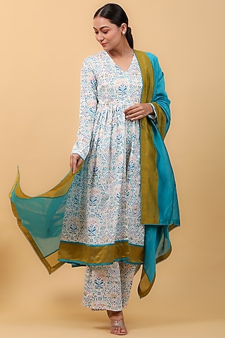 White Cotton Hand Block Printed Anarkali Set by Vinusto