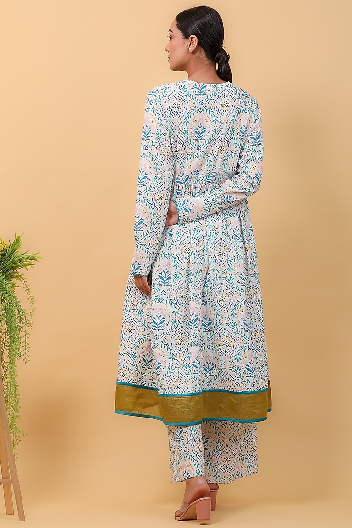 White Cotton Hand Block Printed Anarkali Set by Vinusto at Pernia's Pop Up Shop
