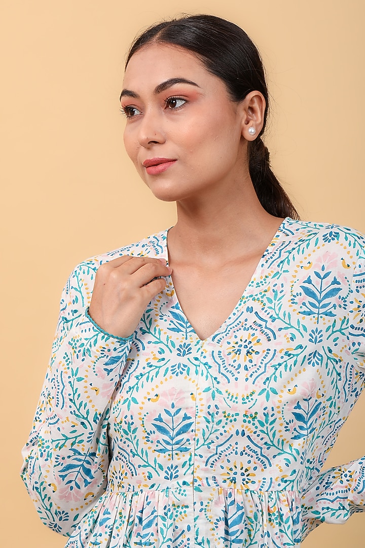 White Cotton Hand Block Printed Anarkali Set by Vinusto at Pernia's Pop Up Shop