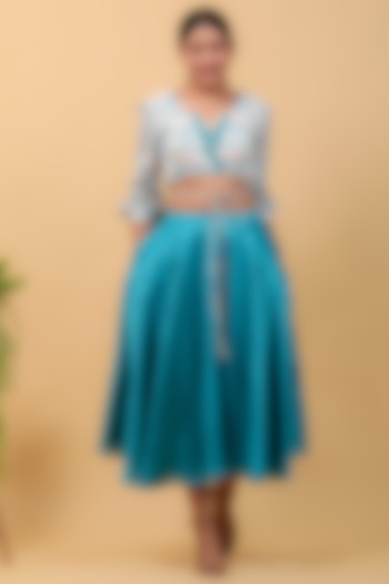 Aqua Blue Pure Chanderi Flared Skirt Set by Vinusto