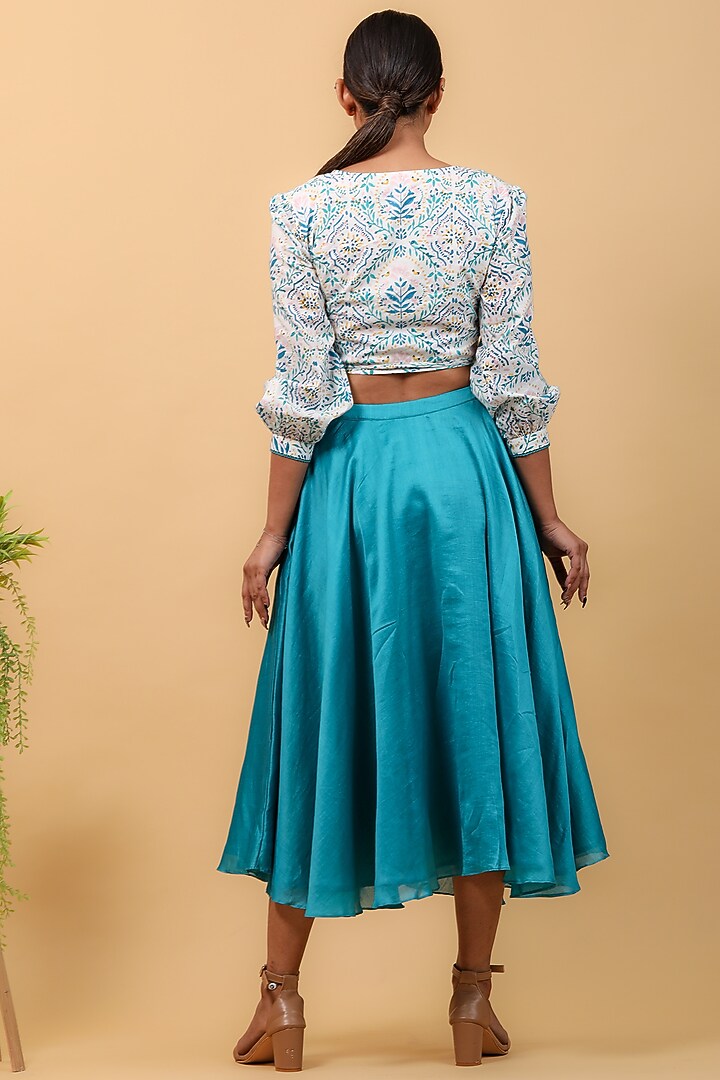 Aqua Blue Pure Chanderi Flared Skirt Set by Vinusto at Pernia's Pop Up Shop