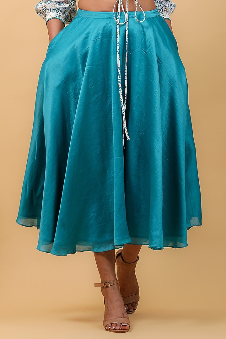 Aqua Blue Pure Chanderi Flared Skirt Set by Vinusto at Pernia's Pop Up Shop