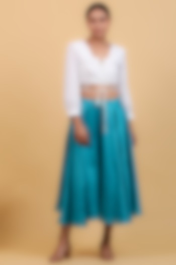 Aqua Blue Pure Chanderi Flared Skirt Set by Vinusto