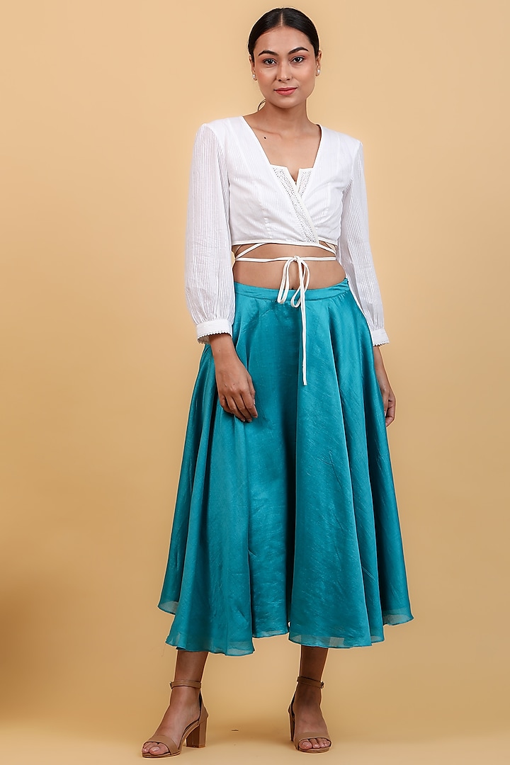 Aqua Blue Pure Chanderi Flared Skirt Set by Vinusto