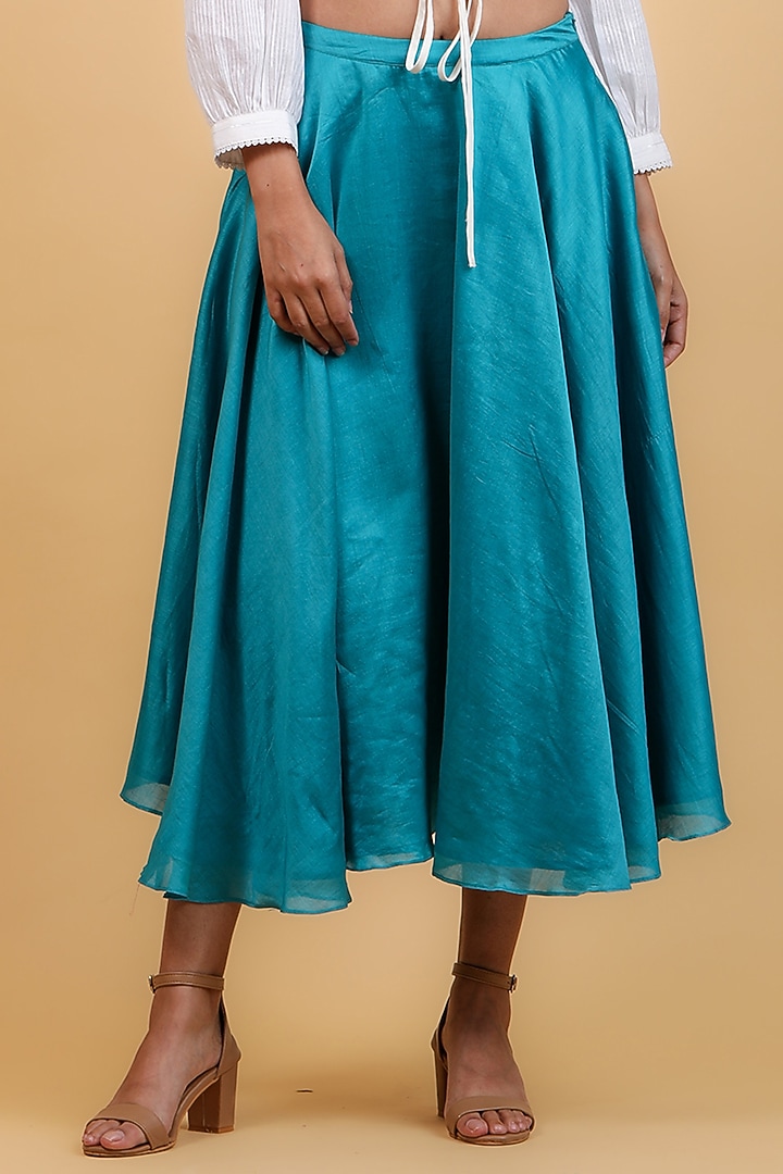 Aqua Blue Pure Chanderi Flared Skirt Set by Vinusto at Pernia's Pop Up Shop