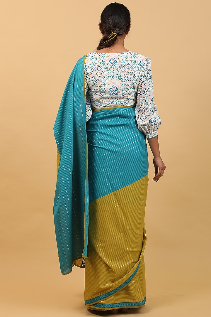 Aqua Blue & Lime Yellow Pure Cotton Color-Blocked Festive Saree Set by Vinusto at Pernia's Pop Up Shop