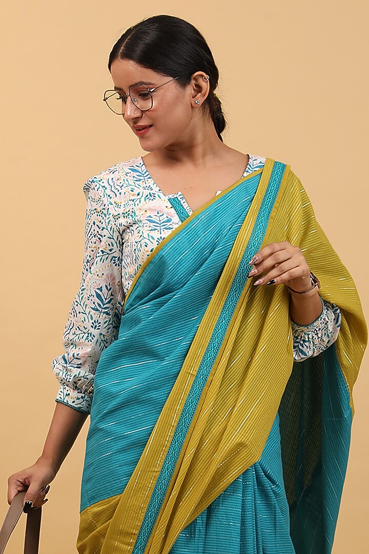 Aqua Blue & Lime Yellow Pure Cotton Color-Blocked Festive Saree Set by Vinusto at Pernia's Pop Up Shop