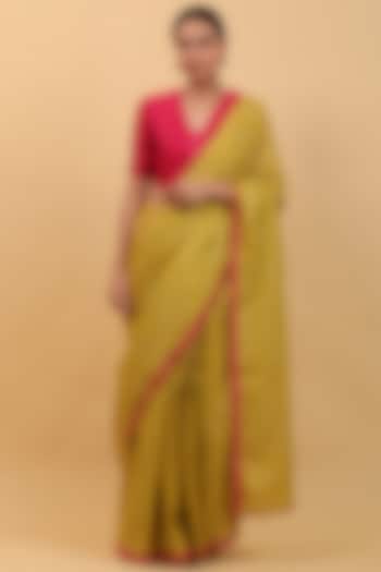 Lime Yellow Pure Cotton Pre-Stitched Saree Set by Vinusto