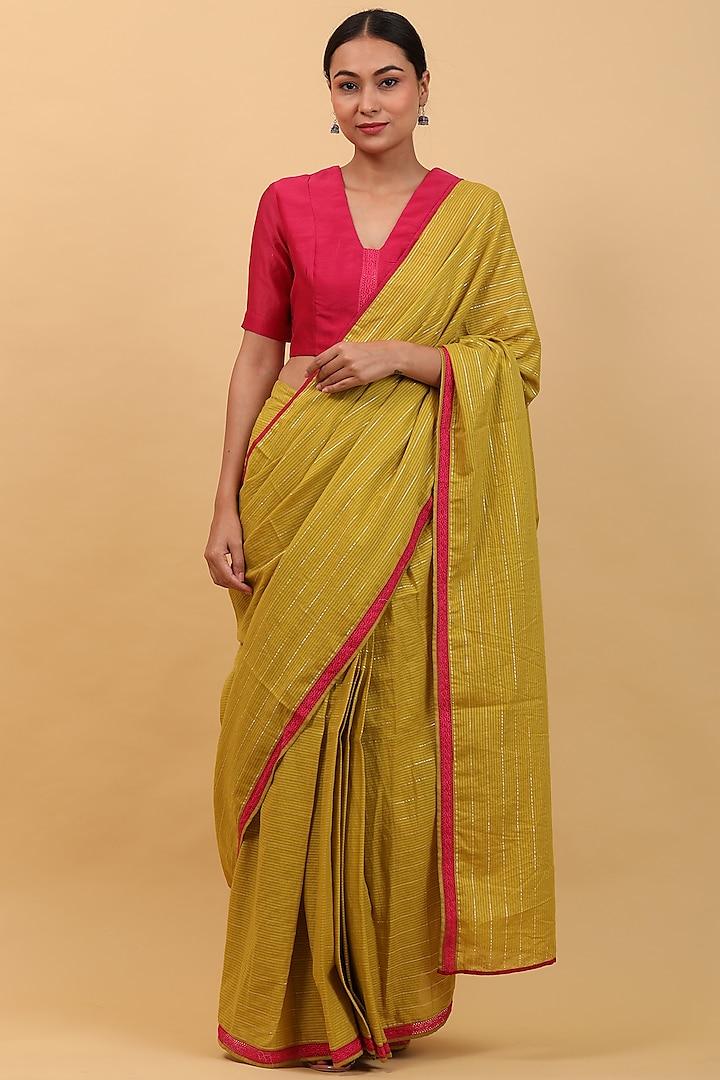 Lime Yellow Pure Cotton Pre-Stitched Saree Set by Vinusto