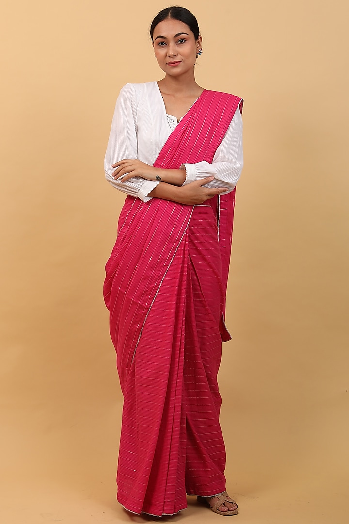 Pink Pure Cotton Pre-Stitched Saree Set by Vinusto