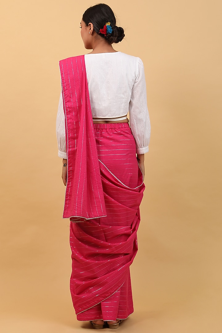 Pink Pure Cotton Pre-Stitched Festive Saree Set by Vinusto at Pernia's Pop Up Shop