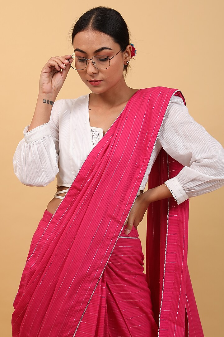 Pink Pure Cotton Pre-Stitched Festive Saree Set by Vinusto at Pernia's Pop Up Shop