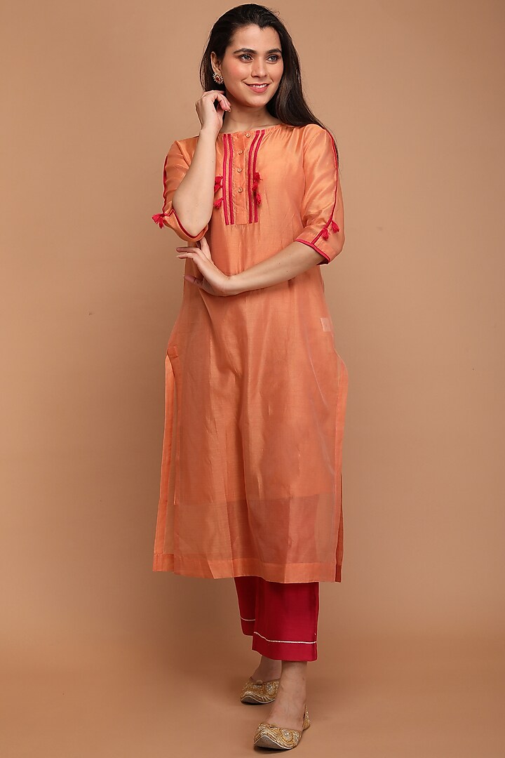 Tangerine Orange Handwoven Chanderi Kurta Set by Vinusto