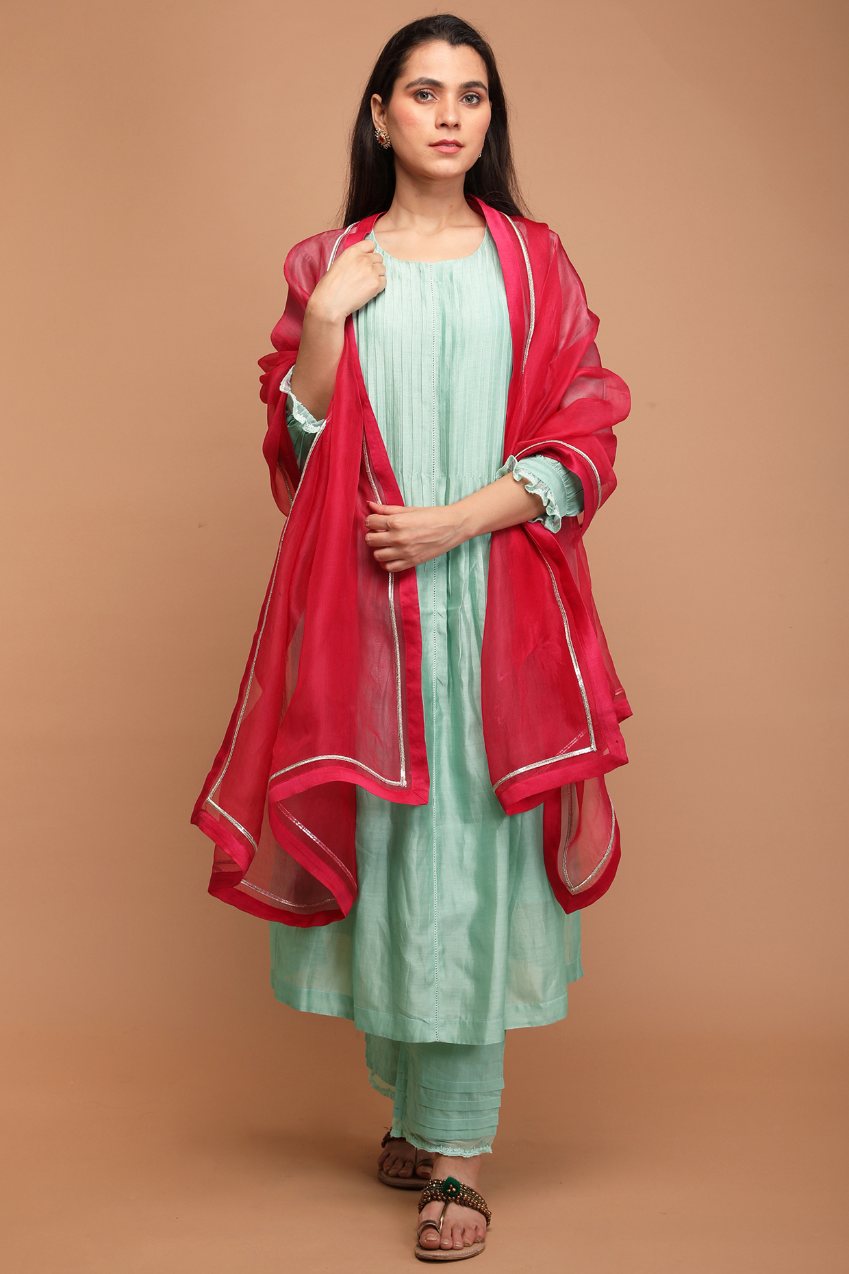 Mint Green Handwoven Chanderi Kurta Set by Vinusto
