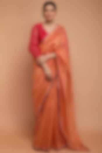 Orange Pure Handwoven Chanderi Saree Set by Vinusto