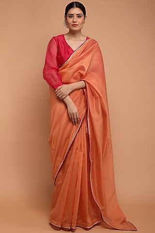 Orange Pure Handwoven Chanderi Saree Set by Vinusto