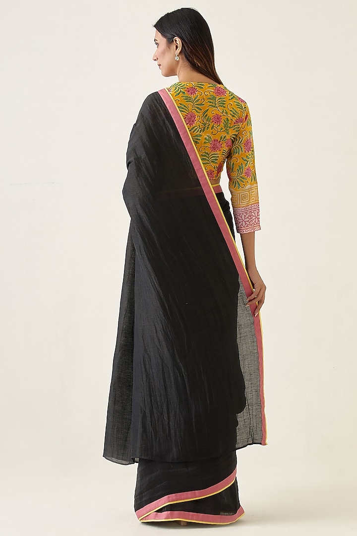 Black Handwoven Linen Silk Handcrafted Festive Saree Set by Vinusto at Pernia's Pop Up Shop