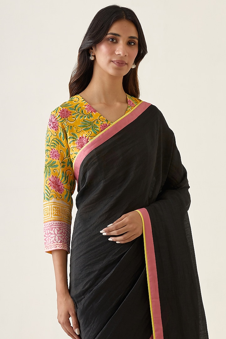 Black Handwoven Linen Silk Handcrafted Festive Saree Set by Vinusto at Pernia's Pop Up Shop