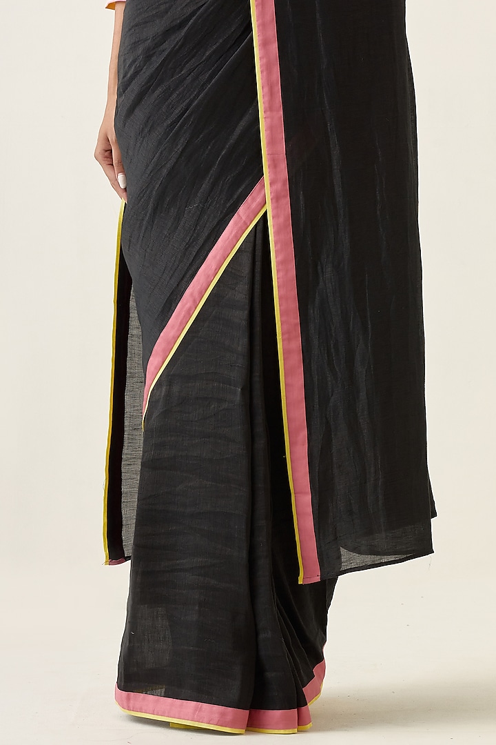 Black Handwoven Linen Silk Handcrafted Festive Saree Set by Vinusto at Pernia's Pop Up Shop