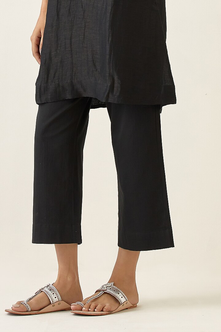 Black Handwoven Pure Linen Silk Handcrafted A-Line Kurta Set by Vinusto at Pernia's Pop Up Shop