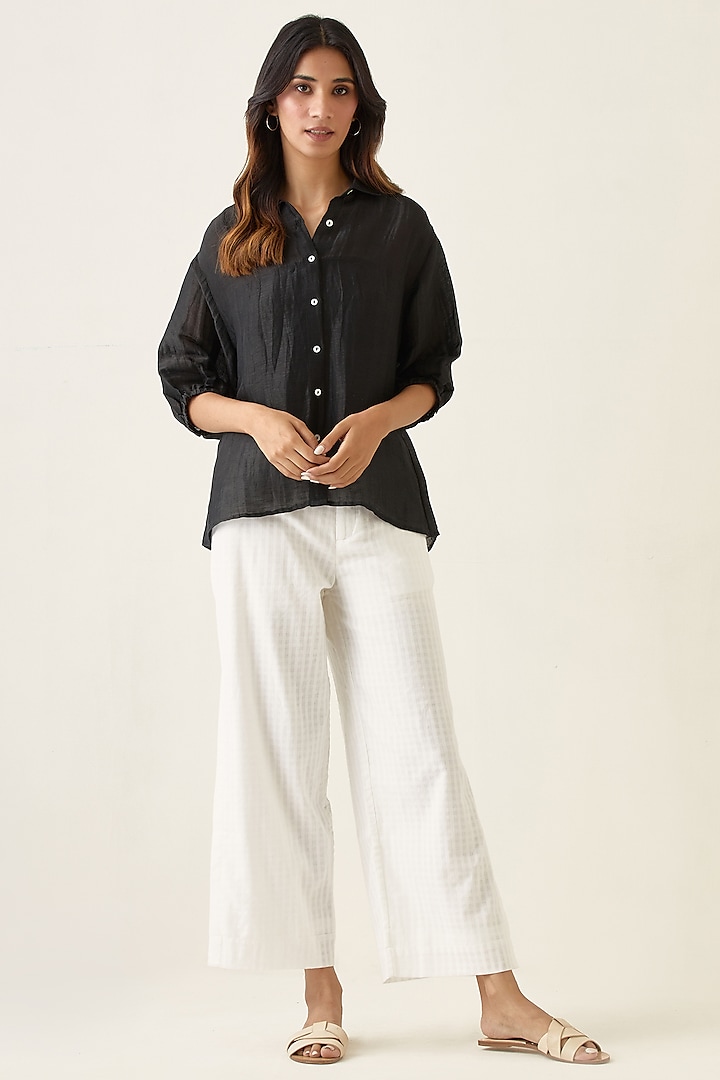 Black Handwoven Pure Linen Silk Handcrafted Co-Ord Set by Vinusto at Pernia's Pop Up Shop