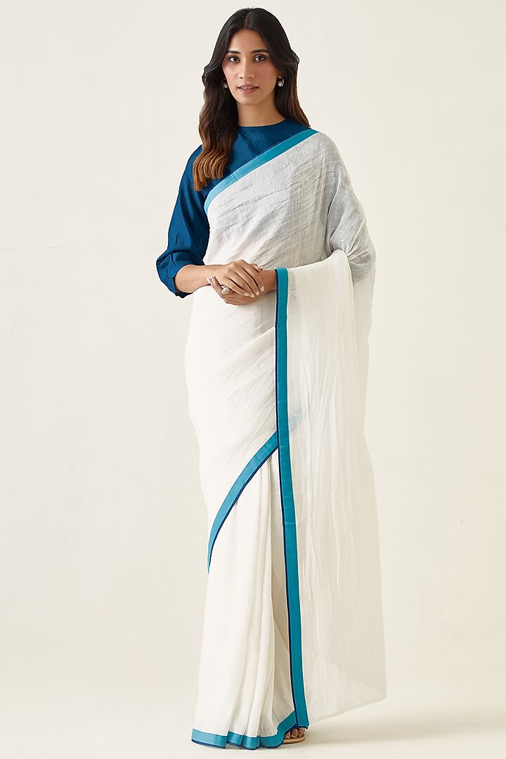 White Pure Linen Silk Handwoven Saree Set by Vinusto