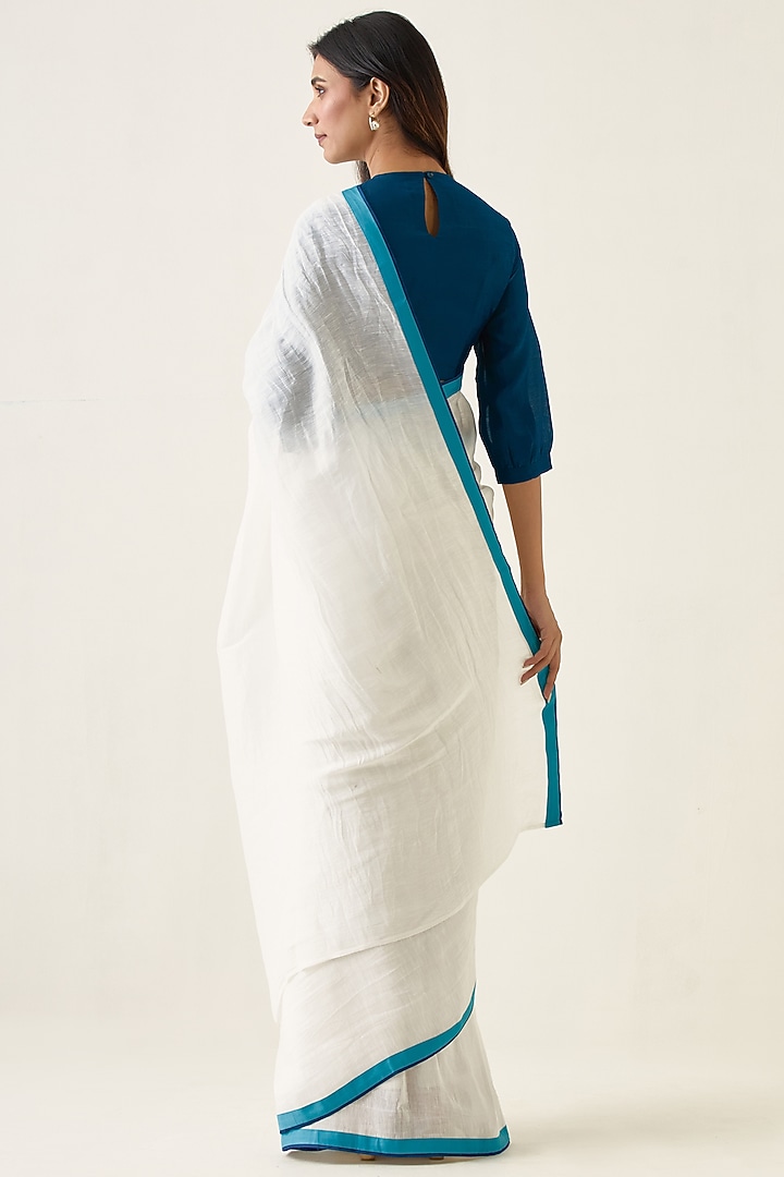 White Pure Linen Silk Handwoven Festive Saree Set by Vinusto at Pernia's Pop Up Shop