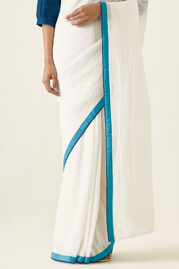 White Pure Linen Silk Handwoven Festive Saree Set by Vinusto at Pernia's Pop Up Shop