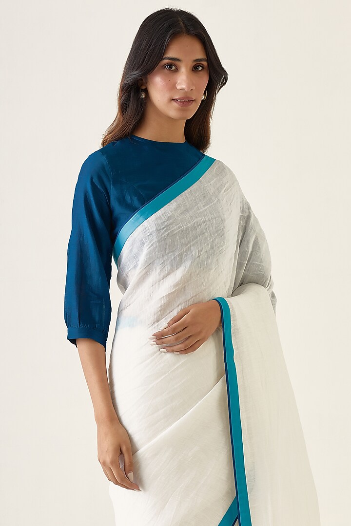 White Pure Linen Silk Handwoven Festive Saree Set by Vinusto at Pernia's Pop Up Shop