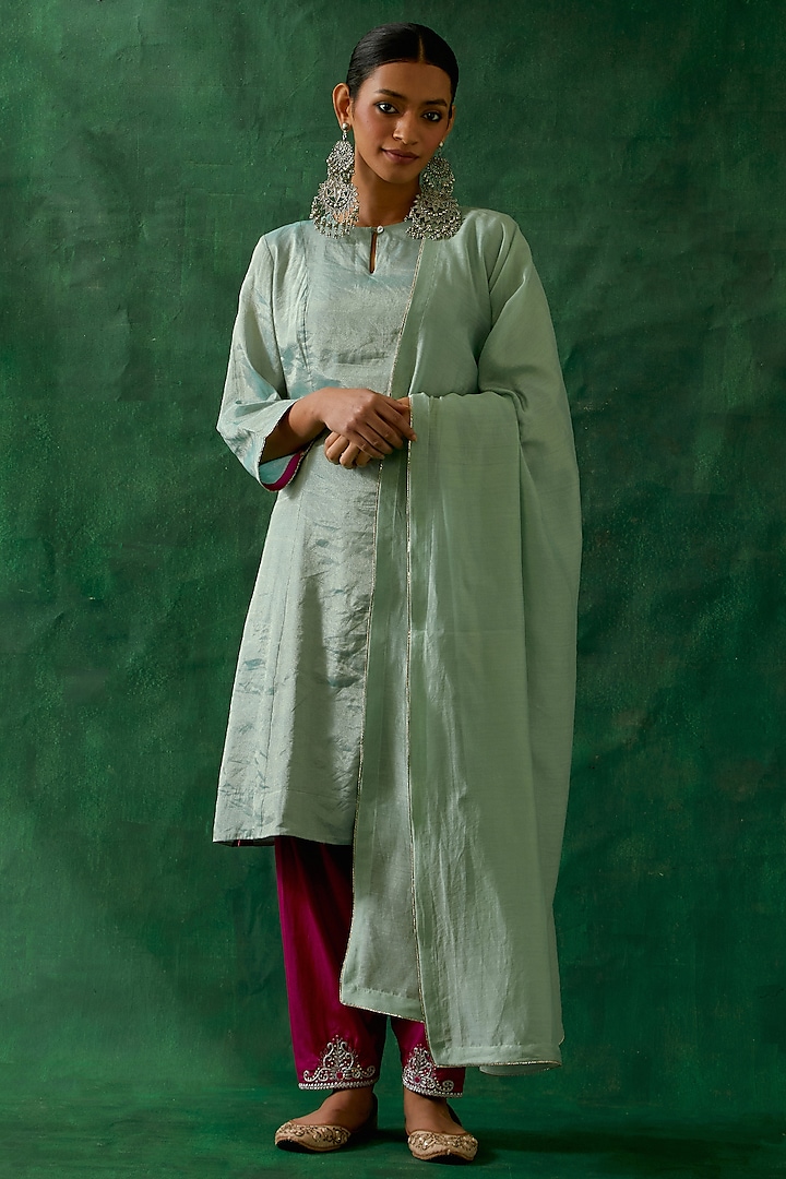 Mint Zari Silk Embroidered A-Line Kurta Set by Vinusto at Pernia's Pop Up Shop