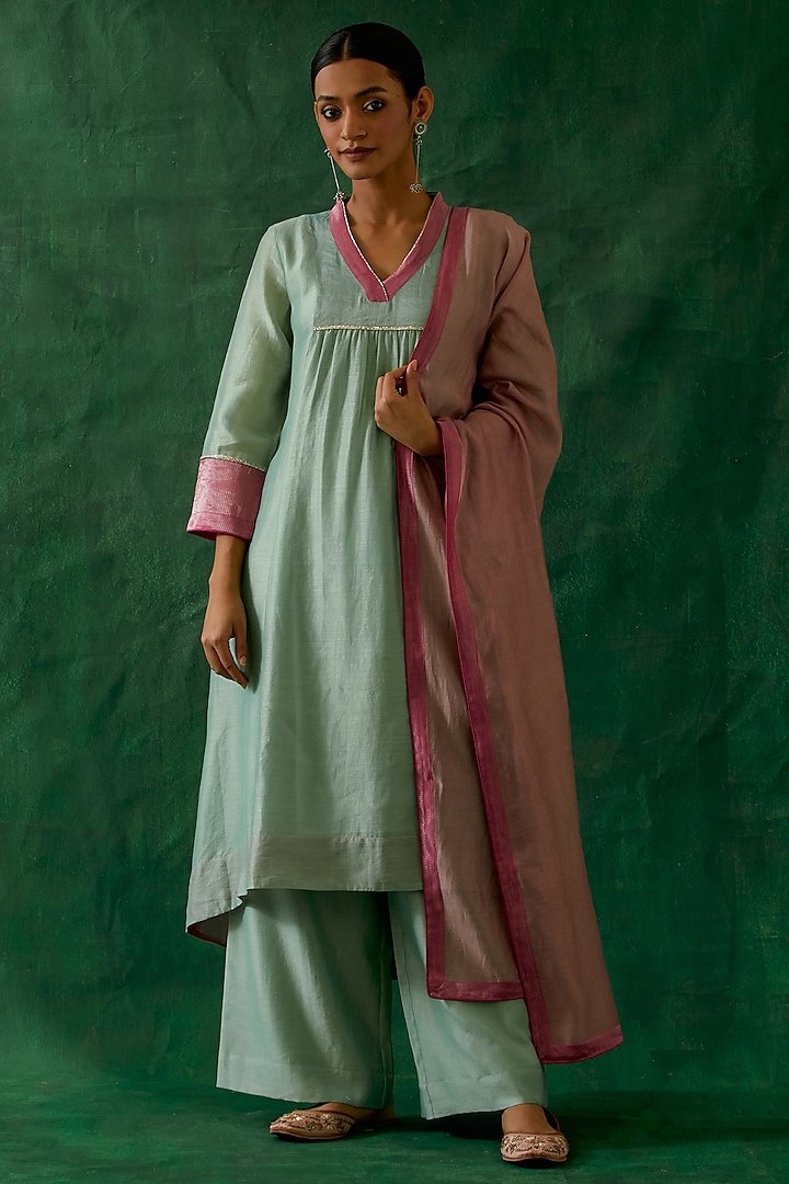 Mint Chanderi Handloom High-Low Kurta Set by Vinusto at Pernia's Pop Up Shop