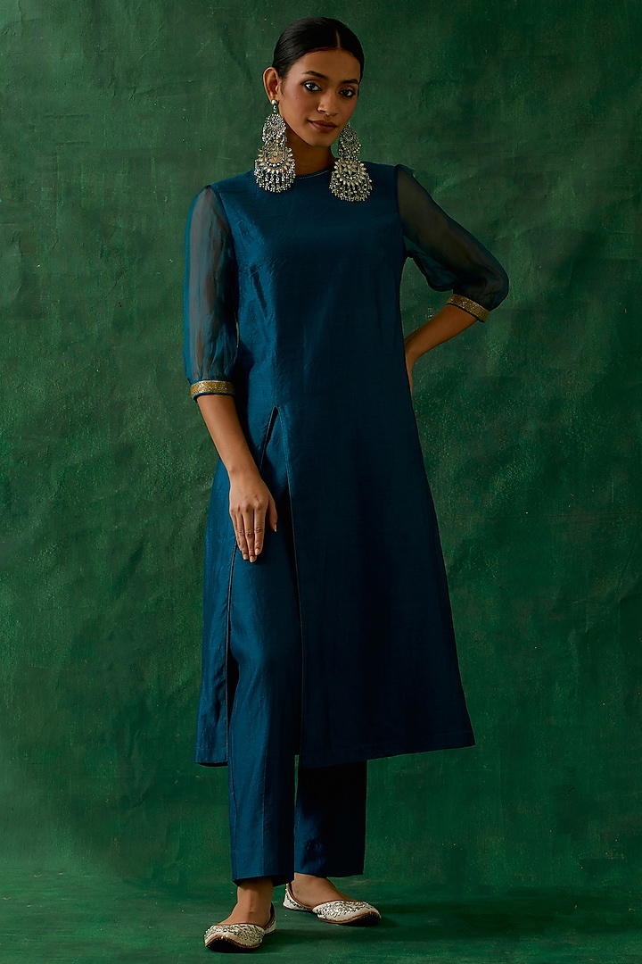 Teal Blue Handloom Chanderi & Katan Silk Lace Embroidered Kurta Set by Vinusto at Pernia's Pop Up Shop