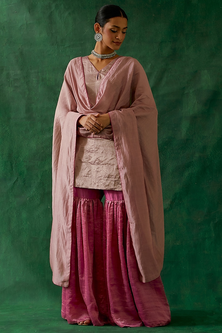 Pink Chanderi Handloom Gharara Set by Vinusto