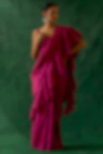 Hot Pink Chanderi Handloom Pre-Stitched Ruffled Saree Set by Vinusto at Pernia's Pop Up Shop