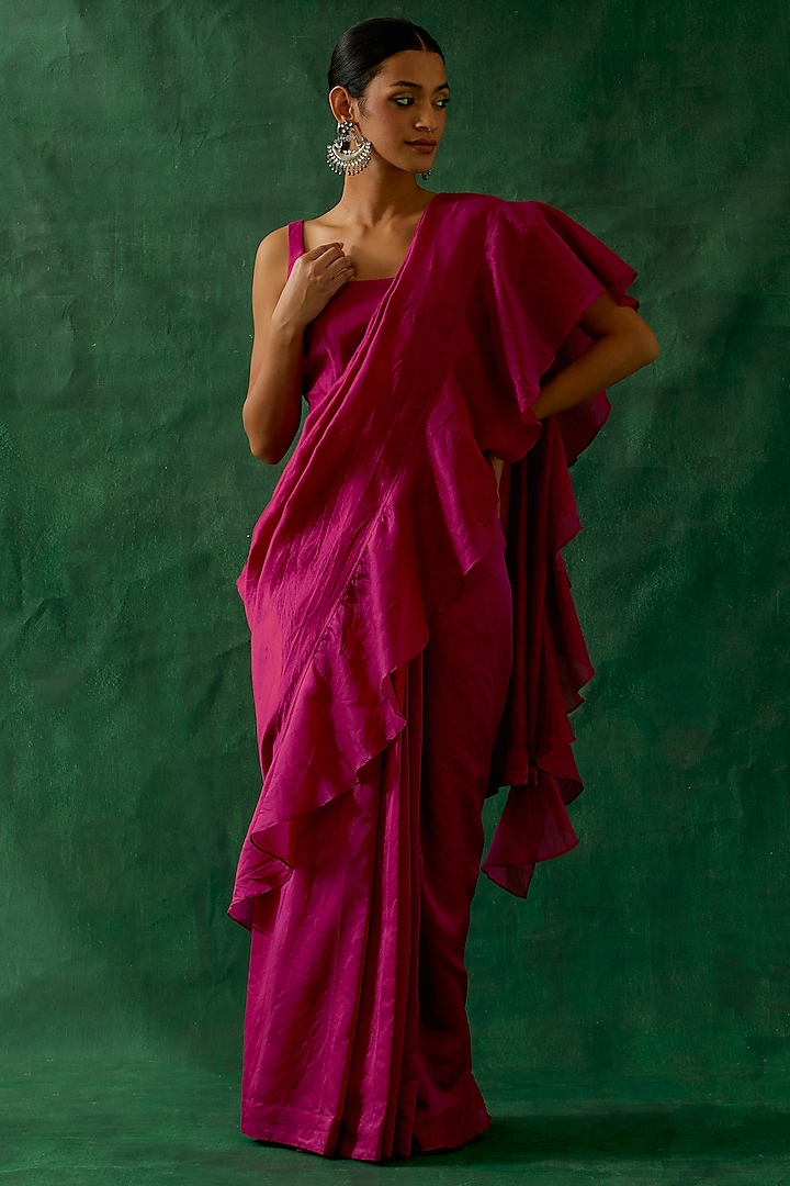 Hot Pink Chanderi Handloom Pre-Stitched Ruffled Saree Set by Vinusto at Pernia's Pop Up Shop