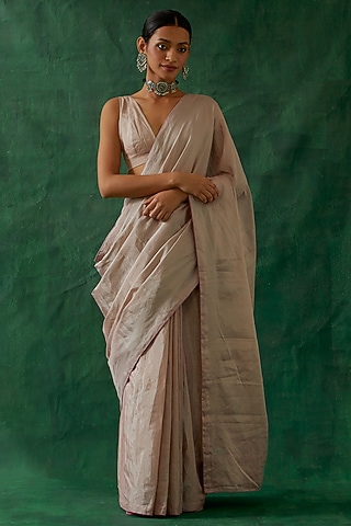 Pink-Silver Zari Silk & Chanderi Handcrafted Saree Set by Vinusto