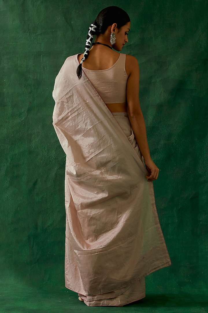 Pink-Silver Zari Silk & Chanderi Handcrafted Festive Saree Set by Vinusto at Pernia's Pop Up Shop